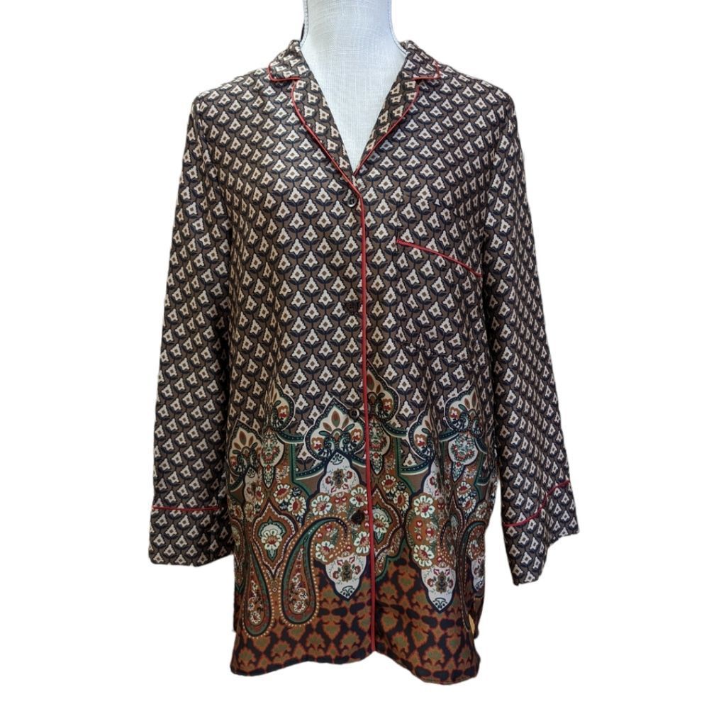 NWT Zara Brown Multi Pattern Flowy Piped Shirt Size S